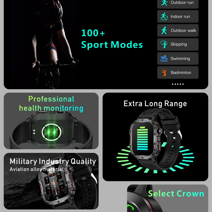 2024 Rugged Military Smart Watch Men Outdoor Watches lP68 Waterproof 2.01" Al Voice Bluetooth Call Smartwatch For Android lOS